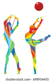 Multicolored graceful silhouettes of rhythmic gymnastics girls with clubs and ball sport championship