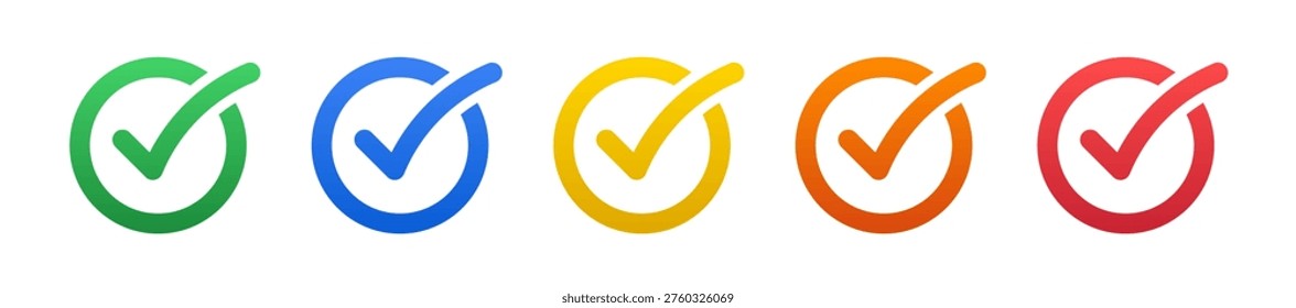 Multicolored gradient checkmark icon set, five step circular checklist progress and colorful validation vector infographic. Minimalist tick symbols for multi benefit product features and protection.