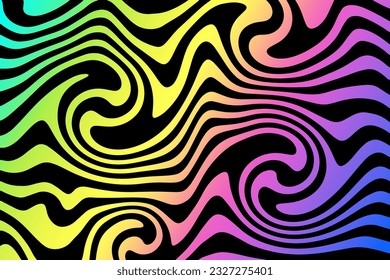 Multicolored gradient wave lines abstract background, bright water circles spiral texture, editable illustration