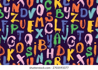 Multicolored Graffiti Alphabet Pattern. Hand drawn spray paint colorful letters with grunge splatter texture. Bold street art typography design with colorful dripping characters ideal for fashion