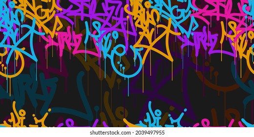multicolored graffiti background with letters, bright colored lettering tags in the style of graffiti street art. Vector illustration seamless pattern