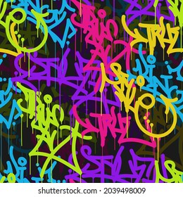multicolored graffiti background with letters, bright colored lettering tags in the style of graffiti street art. Vector illustration seamless pattern