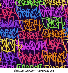 multicolored graffiti background with letters, bright colored lettering tags in the style of graffiti street art. Vector illustration seamless pattern