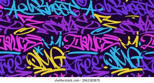 multicolored graffiti background with marker letters, bright colored lettering tags in the style of graffiti street art. Vector illustration seamless pattern