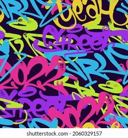 multicolored graffiti background with spray letters, bright colored lettering tags in the style of graffiti street art. Vector illustration seamless pattern