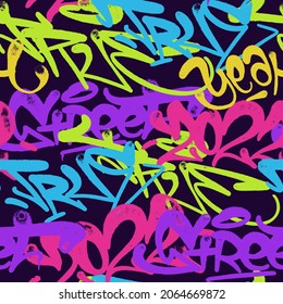 multicolored graffiti background with spray letters, bright colored lettering tags in the style of graffiti street art. Vector illustration seamless pattern