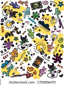 mehrfarbiger Graffiti. Monster, Gesichter, Glühbirnen und mehr. Vektorillustration