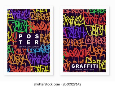 multicolored graffiti poster  background with letters, bright colored banner lettering tags in the style of graffiti street art. Vector illustration template set