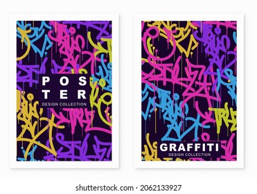 multicolored graffiti poster  background with letters, bright colored banner lettering tags in the style of graffiti street art. Vector illustration template set