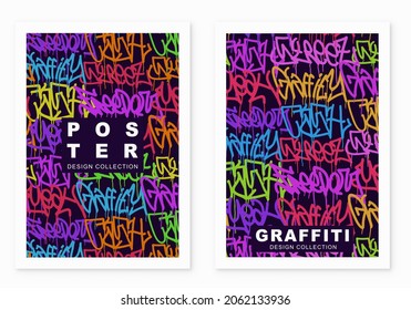 multicolored graffiti poster  background with letters, bright colored banner lettering tags in the style of graffiti street art. Vector illustration template set