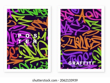 multicolored graffiti poster  background with marker letters, bright colored banner lettering tags in the style of graffiti street art. Vector illustration template set