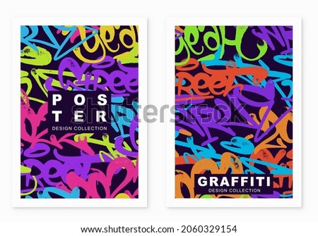 multicolored graffiti poster  background with spray letters, bright colored banner lettering tags in the style of graffiti street art. Vector illustration template set