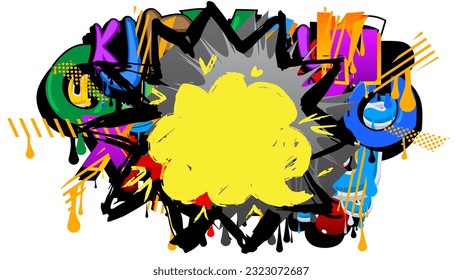 Multicolored Graffiti speech bubble isolated on white background. Abstract modern colorful street art decoration backdrop performed in urban painting style.