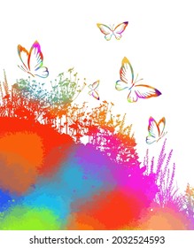 multicolored grass with flowers. Rainbow butterflies in the meadow. Mixed media. Vector illustration