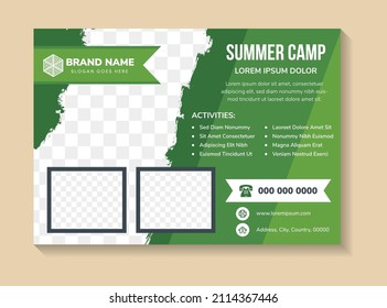 Multicolored Green Flyer Template Design With Example Headline Is Summer Camp. Diagonal And Rectangle Space For Photo Collage. Advertising Banner With Horizontal Layout.