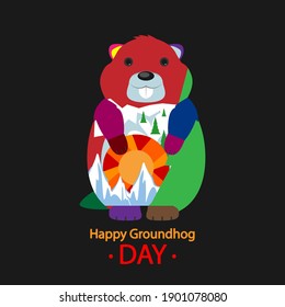 Multicolored groundhog on a black background. Happy groundhog day.