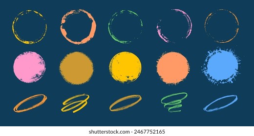 Multicolored grunge circles and stripes. Brush strokes vector.Textured labels .Design elements.