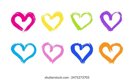 Multicolored grunge hearts collection. Hand drawn dry brush heart symbol.