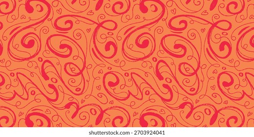 Multicolored Grunge Playful Pattern with Swirls, Lines and Abstract Curls Isolated on Orange Background. Colorful background with artistic hand drawn elements perfect for cards, print, wrapping paper