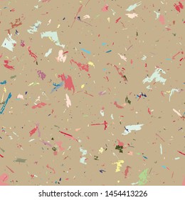 Multicolored grungy recycled speckled elements natural paper terrazzo camouflage textured surface seamless repeat vector pattern swatch