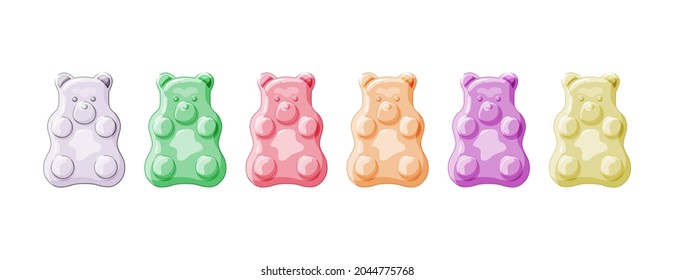 Gummies multicolores.Varios cojines sobre un fondo blanco aislado. Dulces caramelos. Dibujo vectorial de caricatura de vitaminas.