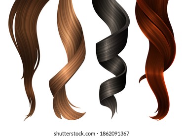 Multicolored Hair Samples. Vector Realistic 3d Illustration. Design Element for Hairdressers, Beauty Salons, Hair Care Cosmetics, Shampoo or Conditioner Packaging