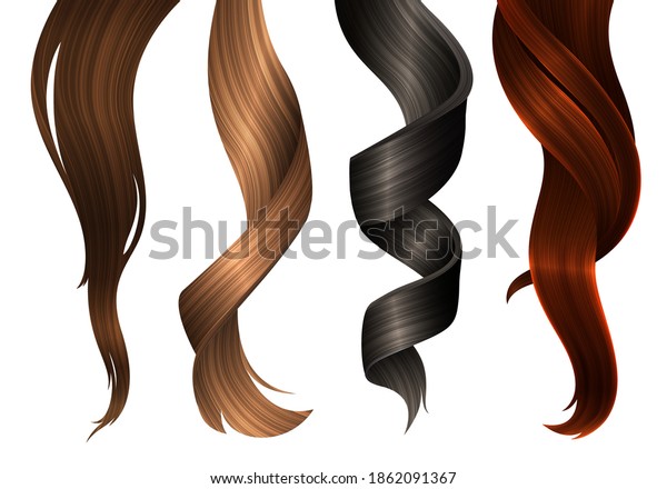 Multicolored Hair Samples. Vector\
Realistic 3d Illustration. Design Element for Hairdressers, Beauty\
Salons, Hair Care Cosmetics, Shampoo or Conditioner\
Packaging