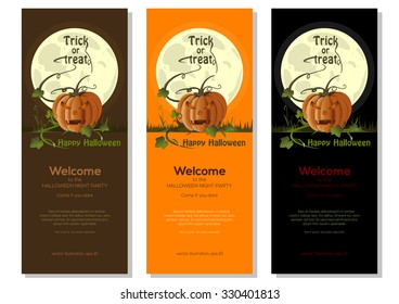 Multicolored Halloween banners set with jack-o'-lantern on a background of the full moon. Vector illustration.