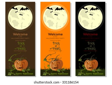 Multicolored Halloween banners set with jack-o'-lantern and full moon. Vector illustration.