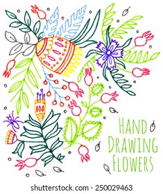 multicolored hand drawing flowers - vector trace illustration