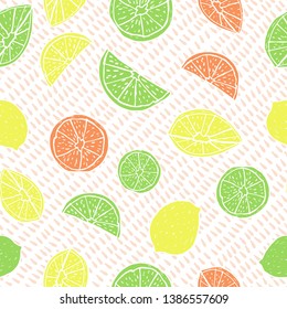 Multicolored hand drawn citrus fruit on drop-textured background. Seamless vector pattern. Great for home decor, fabric, stationery, paper goods.