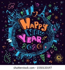 Multicolored hand drawn doodle Earth globe poster with castle, ship, cities, stars  on black background. Cute childish cartoon illustration. Merry Christmas vector greeting card. Happy New Year 2020