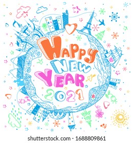 Cartel de la Tierra de doodle dibujado a mano multicolor con castillo, barco, ciudades, estrellas de fondo blanco. Dibujo de caricaturas infantiles. Feliz tarjeta de felicitación vectorial de Navidad. Feliz Año Nuevo 2021