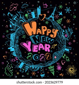 Multicolored hand drawn doodle Earth globe poster with castle, ship, cities, stars  on black background. Cute childish cartoon illustration. Merry Christmas vector greeting card. Happy New Year 2022