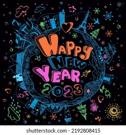 Multicolored hand drawn doodle Earth globe poster with castle, ship, cities, stars  on black background. Cute childish cartoon illustration. Merry Christmas vector greeting card. Happy New Year 2023