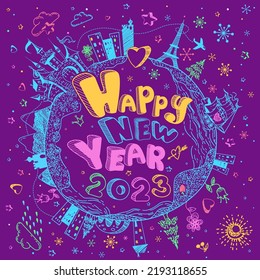 Multicolored hand drawn doodle Earth globe poster with castle, ship, cities, stars  on violet background. Cute childish cartoon illustration. Merry Christmas vector greeting card. Happy New Year 2023