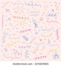 Multicolored hand drawn doodle set. Includes different swirls, circles, bubbles, ovals in pink, yellow, blue, purple and orange. Template for patterns