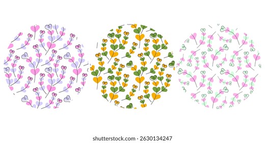 Multicolored Hand drawn heart shape twigs Seamless Patterns on Circle Backdrops in trendy shades Set