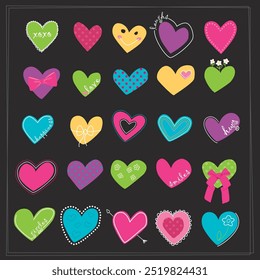 Multicolored hand drawn hearts vector illustration with polka dots, small icons and positive wording on a black background. Apparel graphic artwork. 