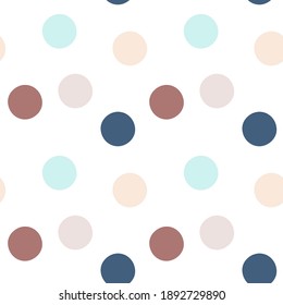 Multicolored hand drawn polka dots. Seamless pattern. Neutral colors. Vector illustration, flat design