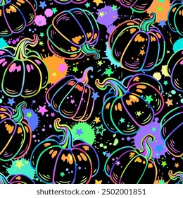 Calabazas dibujadas a mano multicolores sobre un fondo negro. Ilustración vectorial