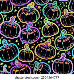 Multicolored hand drawn pumpkins on a black background. Vector illustration