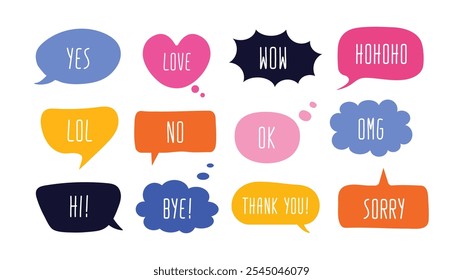 Burbujas de discurso dibujadas a mano multicolores con frases colección. Conjunto de estilos de doodle de cuadros de texto.