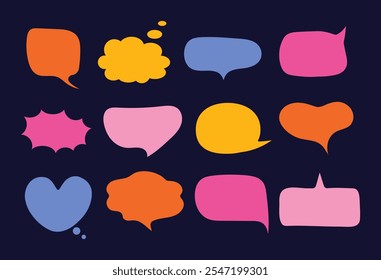 Multicolored hand drawn speech bubbles set. Blank text block templates for chats and social media.