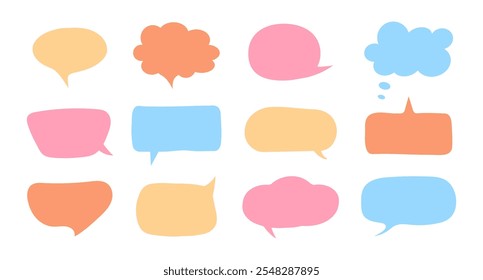 Conjunto de burbujas de discurso dibujadas a mano multicolores. Plantillas de bloqueo de texto en blanco para chats y redes sociales.