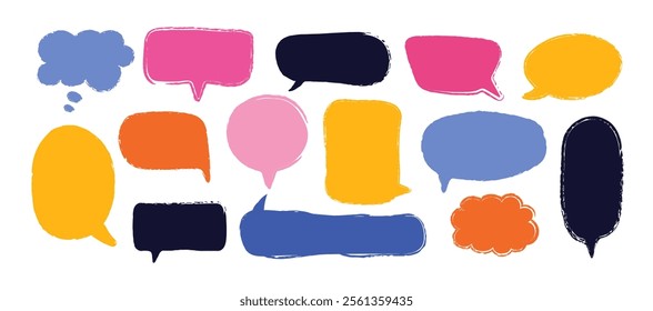 Multicolored hand drawn speech bubbles set. Text boxes with grunge texture.