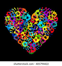 Multicolored Hand print heart on a black background. Vector illustration