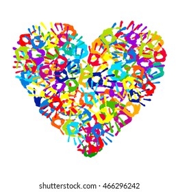 Multicolored hand print heart on white background. Vector illustration