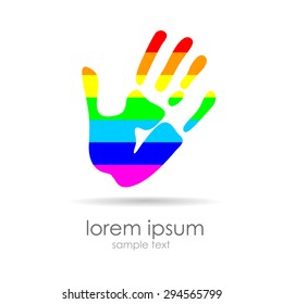 multicolored hand print icon, idea for a social logo for gays and lesbians organizations, template design - symbol of team, friendship, united , support, family, relationships. white background
