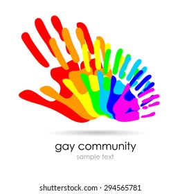 multicolored hand prints icon, idea for a social logo for gays and lesbians organizations, template design - symbol of team, friendship, united , support, family, relationships. white background